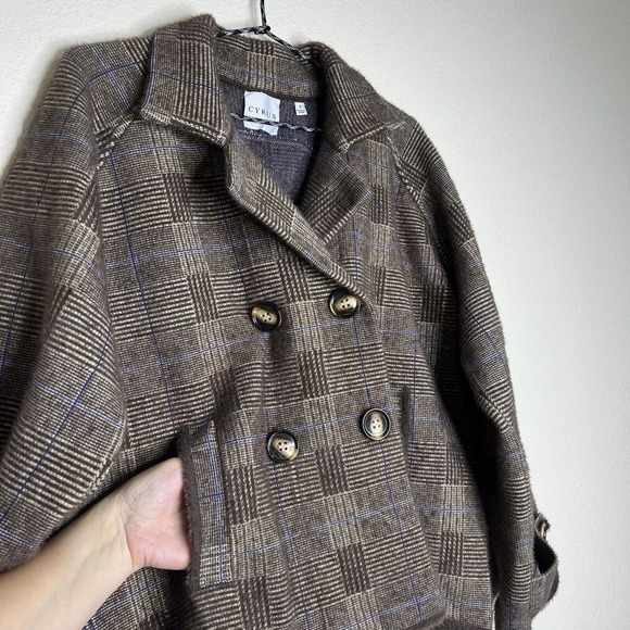 Cyrus Knits Brown & Blue Glen Plaid Collared Peacoat Sweater Jacket Sz S - Picture 5 of 11